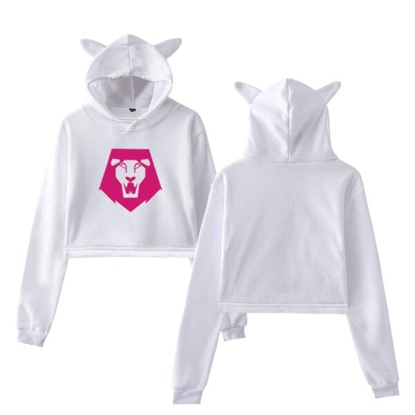White cropped hoodie with lion graphic and animal ears, stylish and affordable streetwear, perfect for trendy casual outfits.