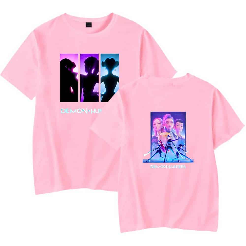 Demon hunter and demon killers graphic t-shirts in pastel pink, featuring popular animated characters and stylish designs, perfect for casual, cool, affordable fashion statements.