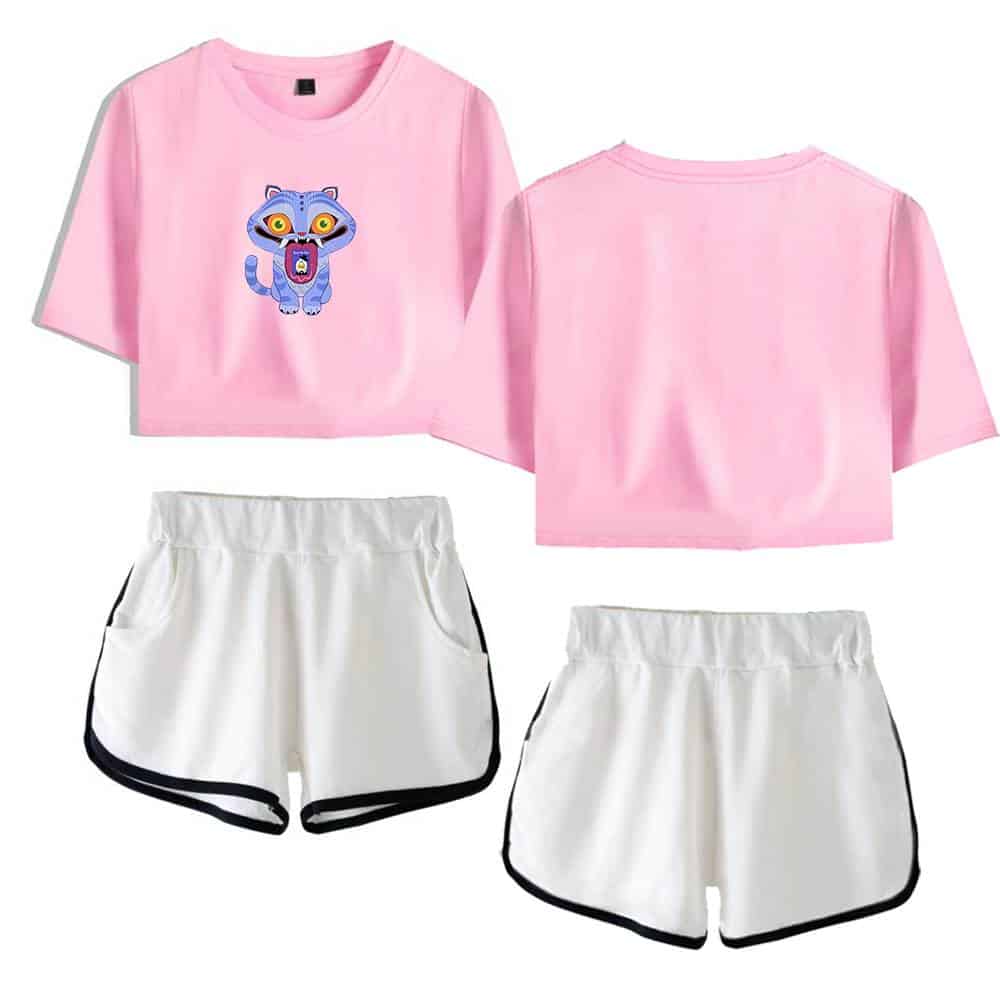 Girl's casual pink graphic t-shirt and white athletic shorts set, trendy and affordable, perfect for relaxed and cool everyday style.