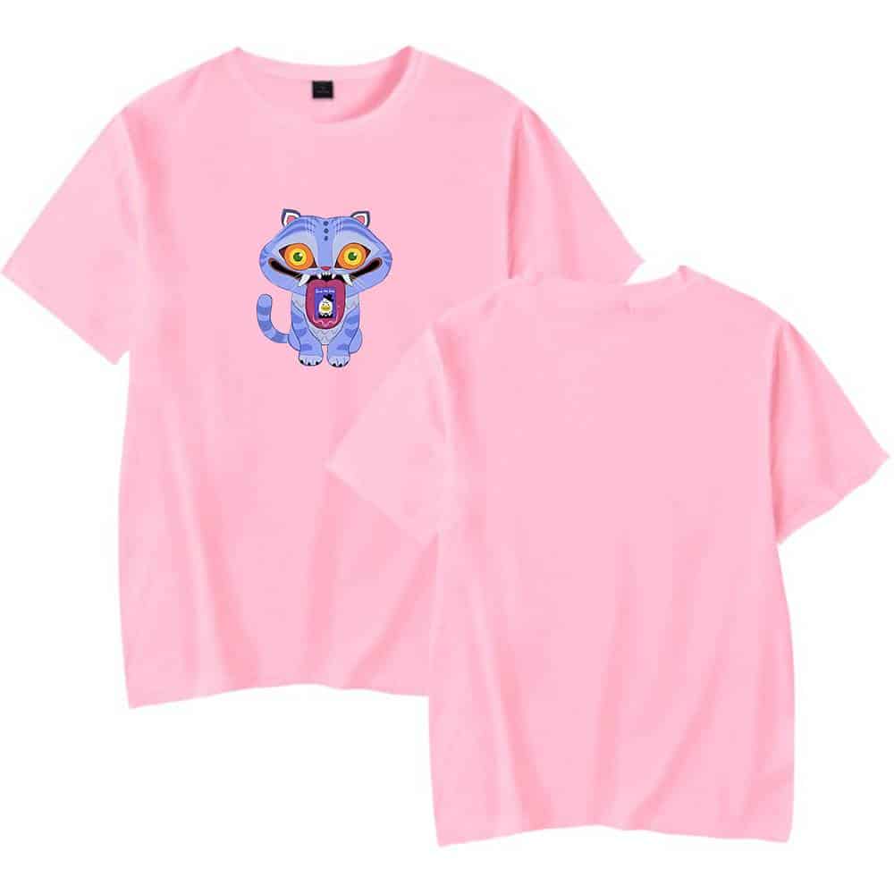 Pink graphic t-shirt with colorful animated cat design, casual and trendy for everyday wear, affordable streetwear style, perfect for a cool, relaxed look.