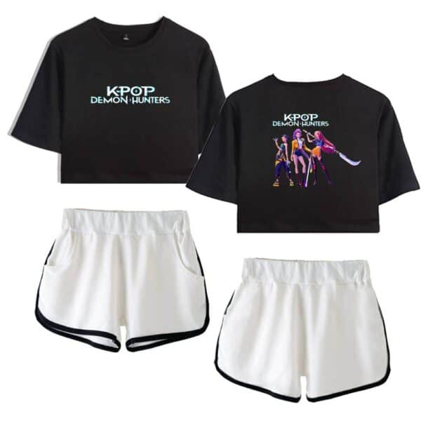 Kpop Demon Hunters cropped t-shirt with colorful graphic print on black, paired with sporty white shorts with black trim, perfect for casual, stylish, and affordable streetwear.