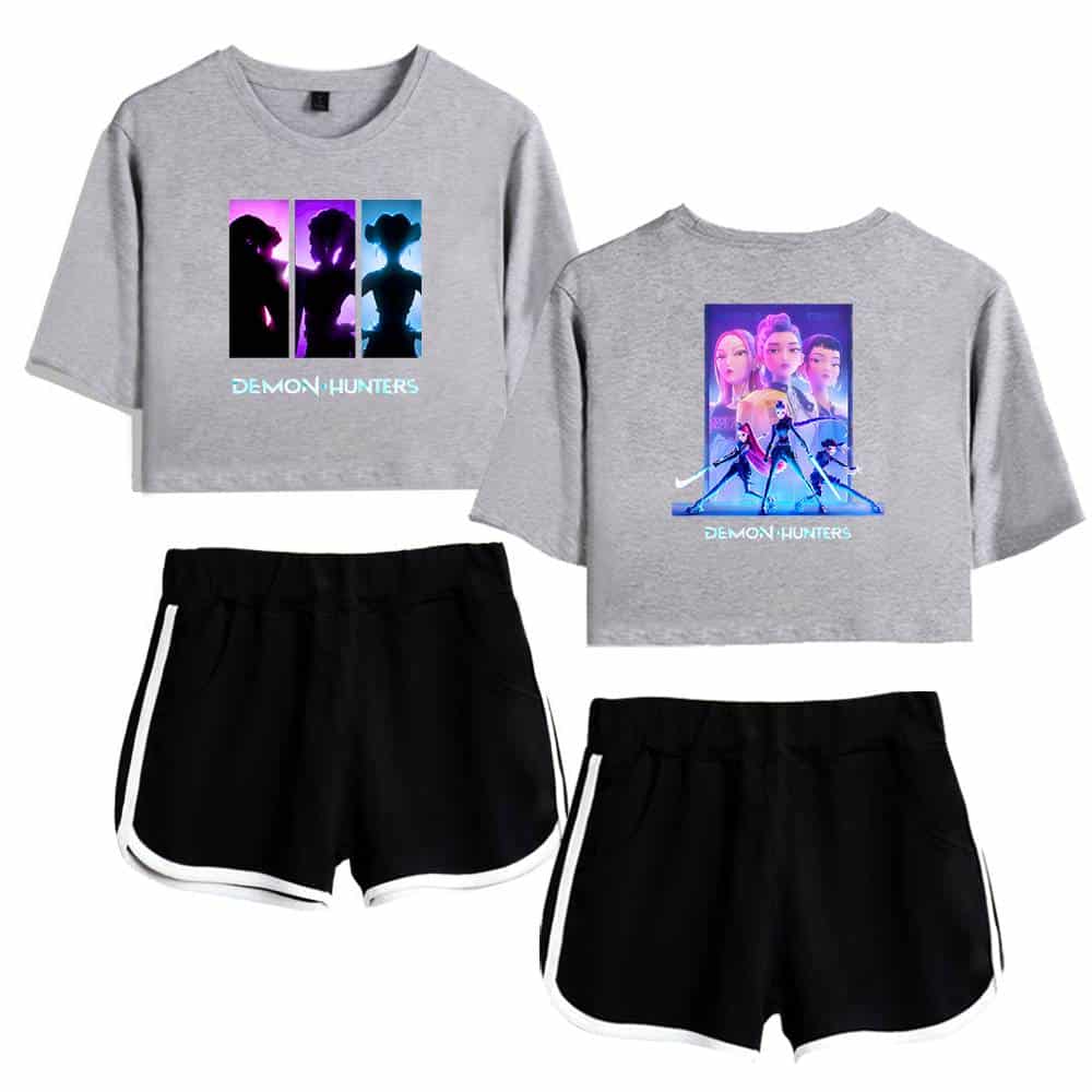 Demon Hunters graphic crop top and shorts set, unisex casual streetwear, trendy and affordable for teens and young adults.