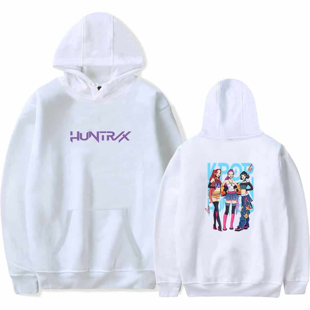 HuntXX white hoodie with bold purple logo on front and colorful animated graphic on back, stylish and affordable statement clothing.