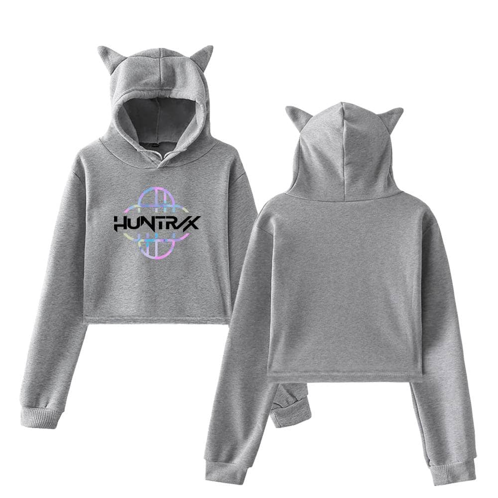 Hoodie with cat ears and holographic logo, gray sweatshirt for trendy streetwear style.