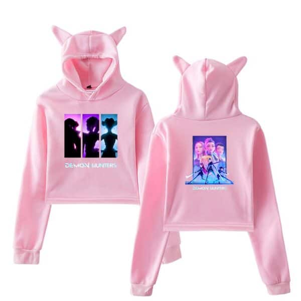 Pink Demon Hunters sweatshirt with cute cat ear hood, featuring colorful anime-inspired graphics perfect for cool statement clothing. Affordable, trendy, and fun fashion for anime fans.
