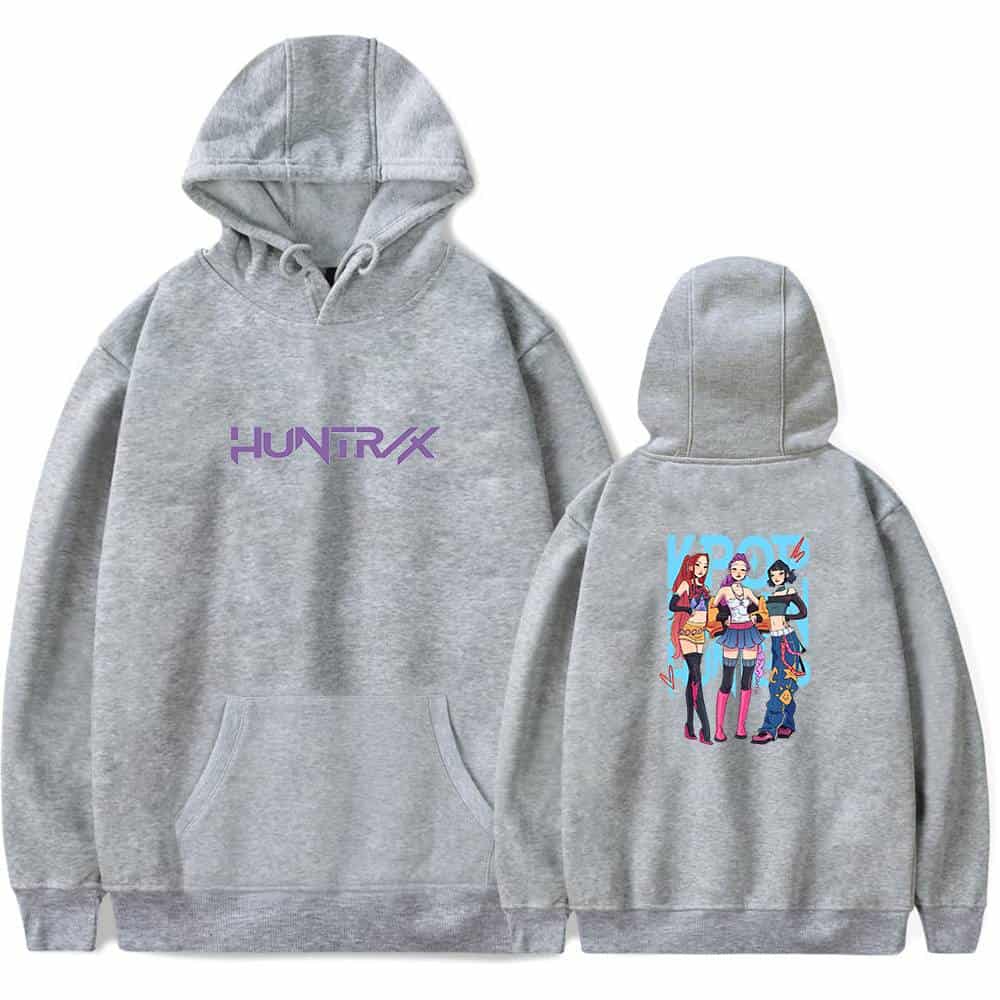Hoodie with "HUNTRX" logo on front and colorful animated girl graphic on back, stylish casual streetwear.