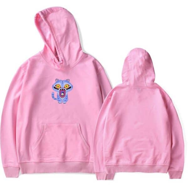 Hoodie with cool cartoon panther graphic in pink, casual statement clothing for trendy youth, cheap and vibrant streetwear style, perfect for everyday or sportswear.