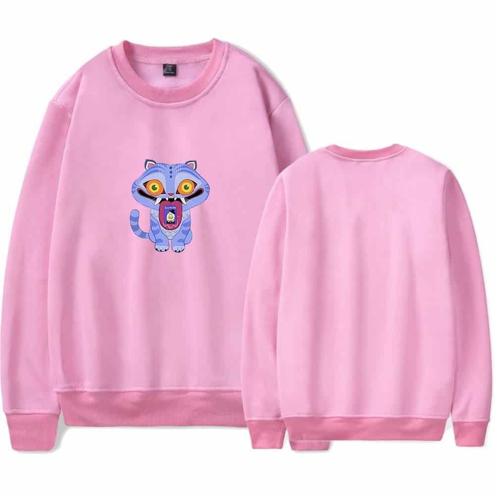 Blue cartoon monster graphic pink sweatshirt, casual streetwear for teens and young adults, affordable and stylish, perfect for a cool and trendy statement look.