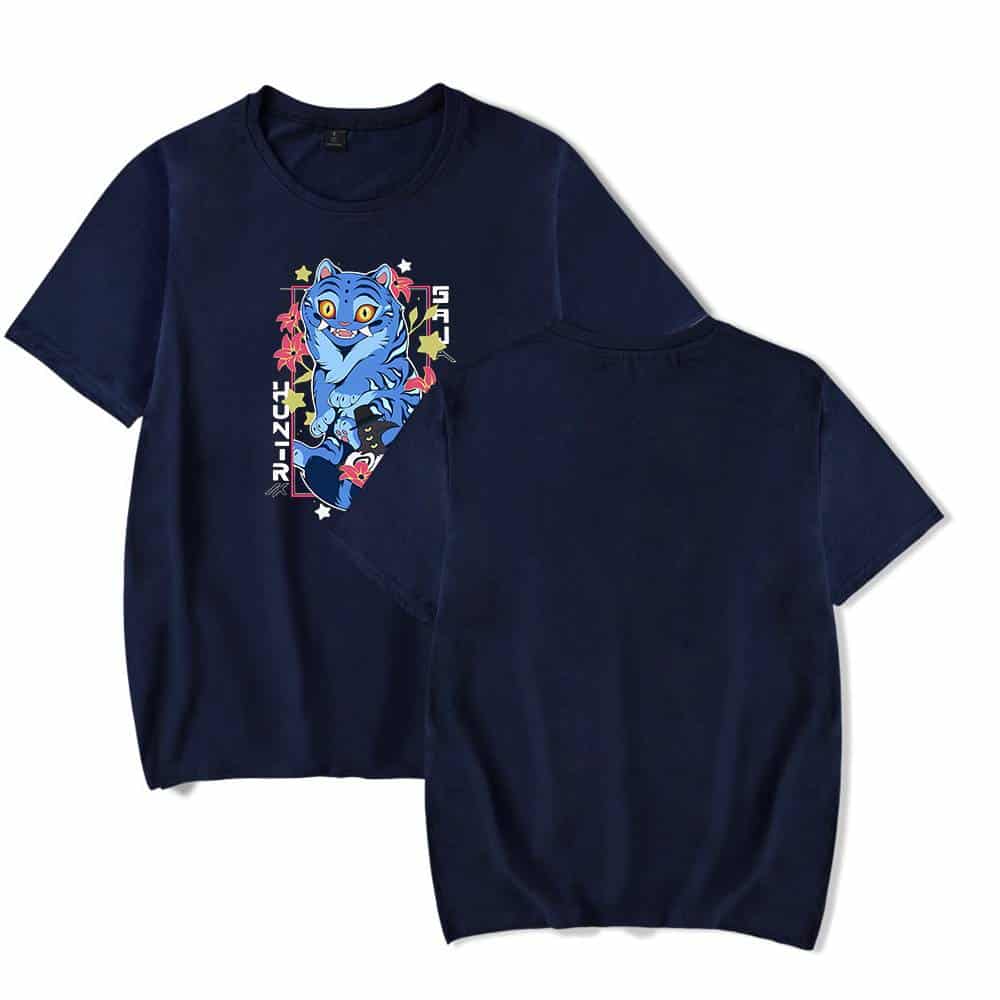 Blue graphic t-shirt featuring a colorful cartoon cat design, fashionable and affordable streetwear style.