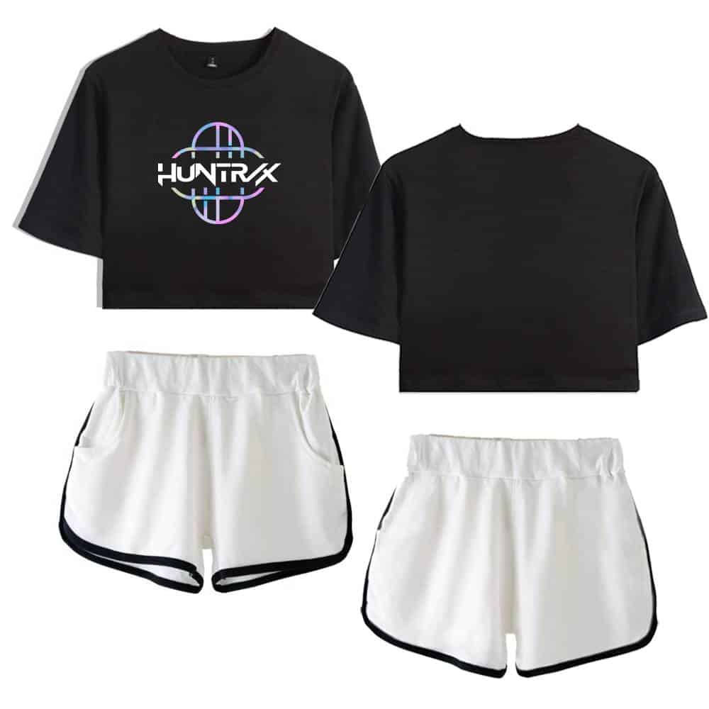 HUNTRX graphic cropped T-shirt and athletic shorts set, stylish and affordable casual wear for a cool look. Perfect for street fashion, workouts, or lounging. Trendy, budget-friendly, and comfortable.