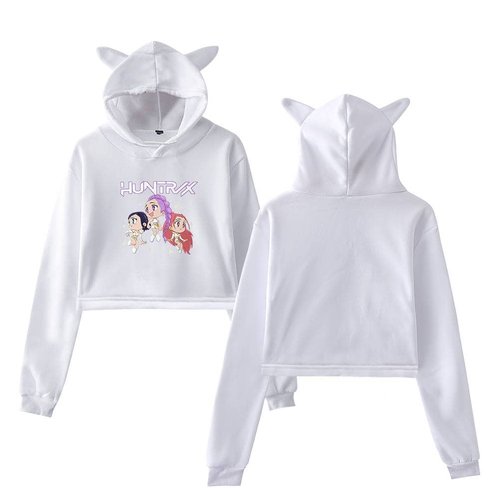 White hoodie and sweatpants set with unicorn horn and ears, featuring colorful cartoon characters and "HUNTRX" text, style cute and playful for casual wear.