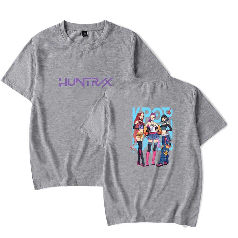 Huntrx purple logo and colorful animated girl graphic t-shirt, casual streetwear style, unisex, lightweight cotton, suitable for everyday wear and skateboard sessions.