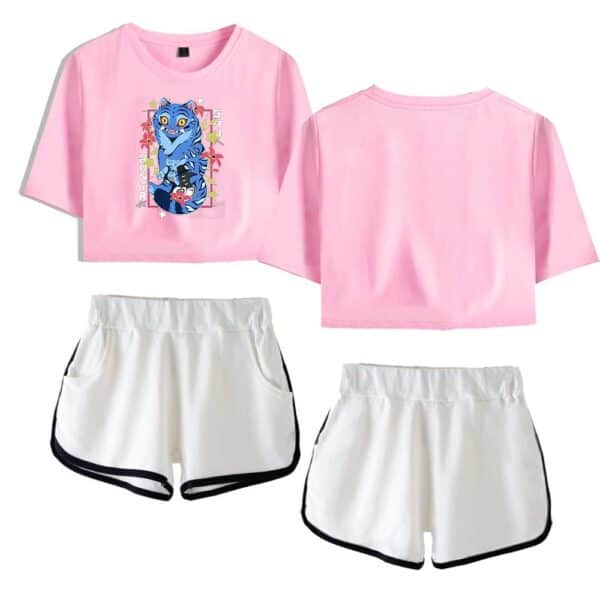 Blue cartoon cat graphic printed cropped pink t-shirt, casual and trendy for youth.