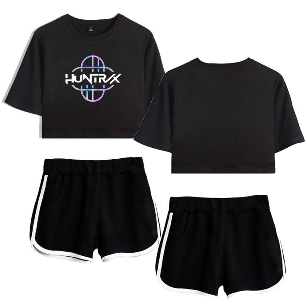 Huntrx graphic black crop top t-shirt, black athletic shorts with white trim, trendy casual outfit, affordable and stylish statement clothes for a cool look, perfect for gym or streetwear fashion.