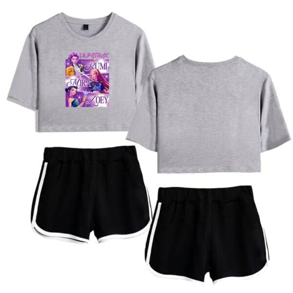 Comfy stylish graphic crop top with four animated characters, paired with black athletic shorts featuring white stripe accents, perfect for casual cool statement outfits.