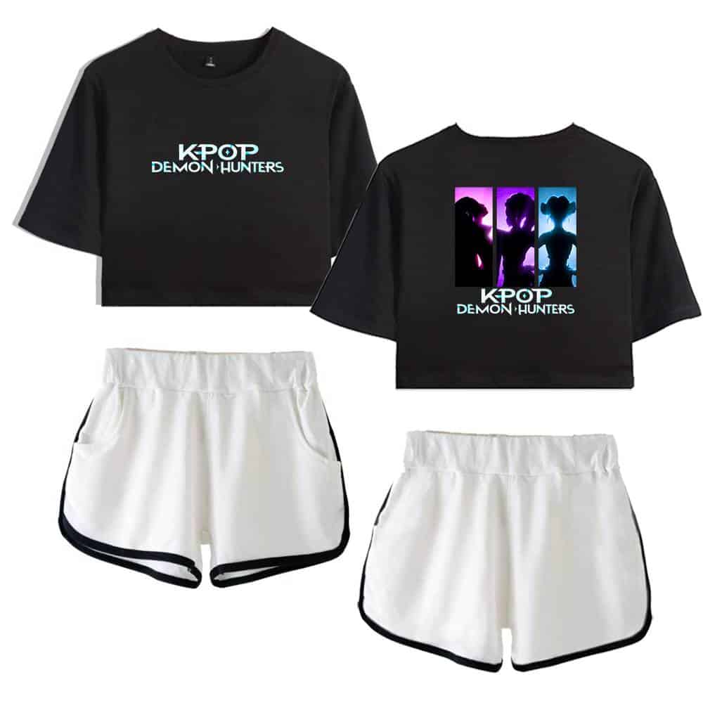 KPOP Demon Hunters crop top and shorts set featuring silhouettes and vibrant colors, perfect for a fun, casual, and stylish streetwear look. Affordable and trendy outfit for fans of K-pop fashion.