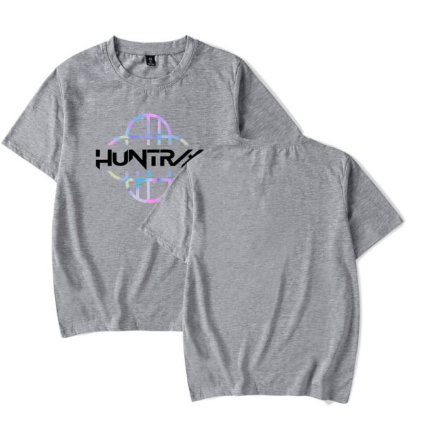 Huntfly holographic logo statement shirt, cool and affordable casual wear, stylish graphic tee in gray, perfect for street fashion, trendy and inexpensive everyday clothing for a relaxed look, youthful statement clothes.