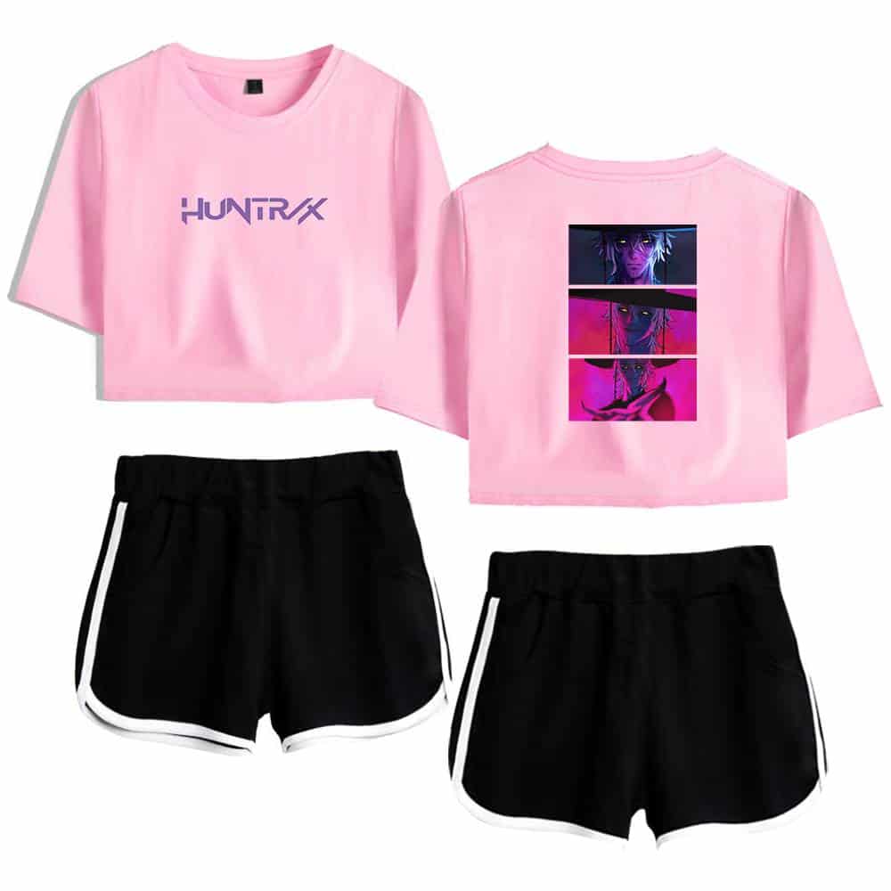 Huntrax pink cropped graphic t-shirt and black athletic shorts with white trim, trendy and affordable for casual, streetwear, or sporty styles.