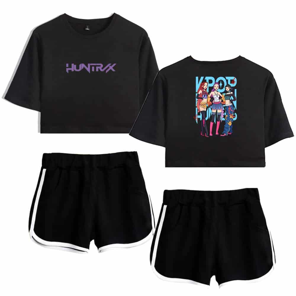 HUNTRX black crop top paired with black athletic shorts with white trim.
