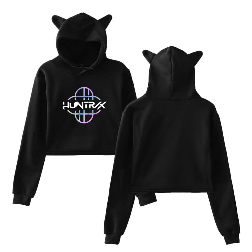 Hoodie with neon-style globe and "HUNTRX" logo, black cat ear ears on the hood, trendy streetwear look, affordable and stylish statement clothes.