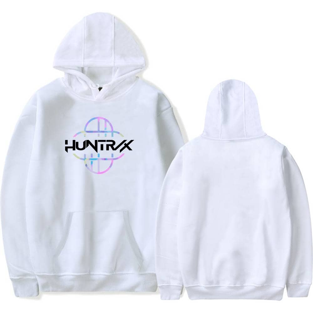 Hoodie with "HUNTRX" logo in colorful, holographic style, perfect for casual streetwear and making a cool statement. Comfortable and affordable for everyday wear.