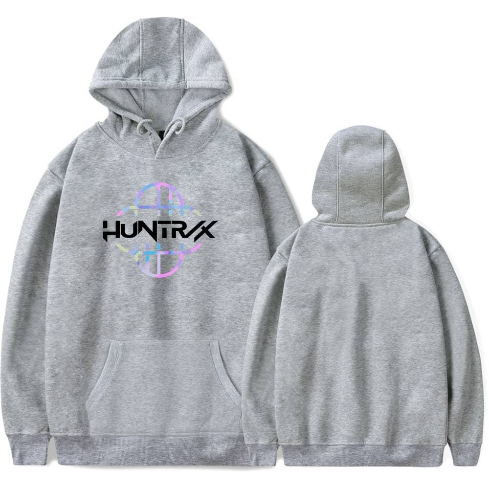 Hoodie with holographic graphic and "HUNTRX" text, trendy and affordable streetwear style.