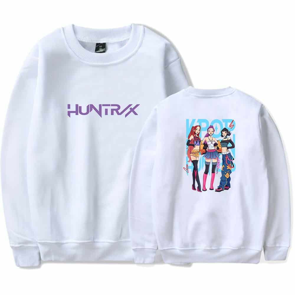 HUNTRX purple logo and colorful animated girl graphic sweatshirts, trendy and affordable streetwear style, perfect for casual cool statement outfits.