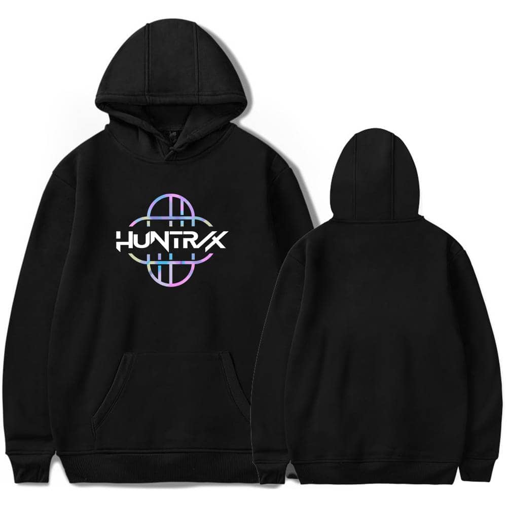 Hoodie with cool holographic graphic and "HUNTRX" logo, trendy streetwear style.