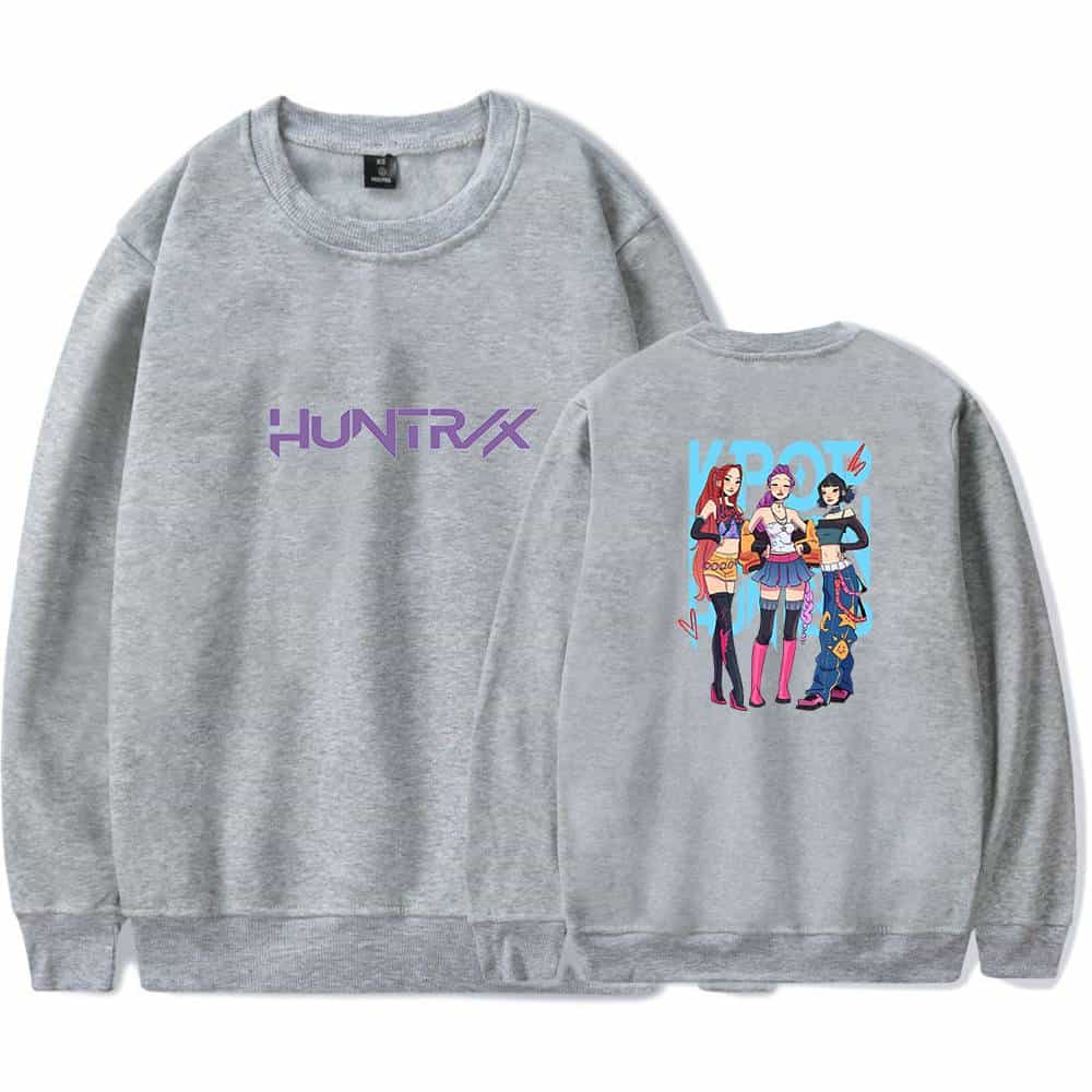 Huntrx logo sweatshirt with graphic cartoon girls on back, casual trendy streetwear, affordable fashion statement clothes, stylish and comfy for everyday wear.
