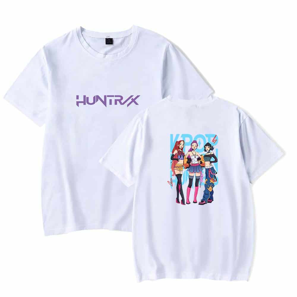 HuntrX logo white graphic t-shirt, colorful cartoon girl design, trendy casual streetwear, cheap cool statement clothes, affordable fashion statement tee.