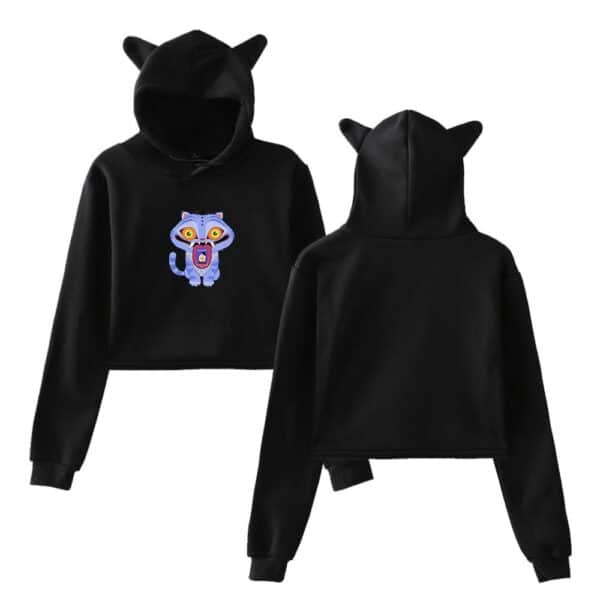 Blue tiger graphic hoodie with cat ears, trendy and affordable streetwear for a cool casual look.