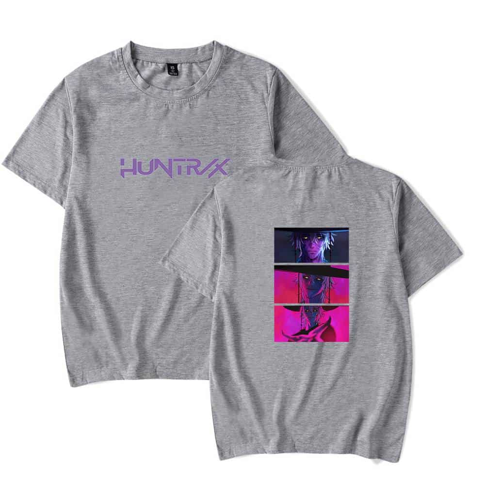 Huntrix graphic t-shirt with neon purple and pink design, casual and affordable streetwear style.
