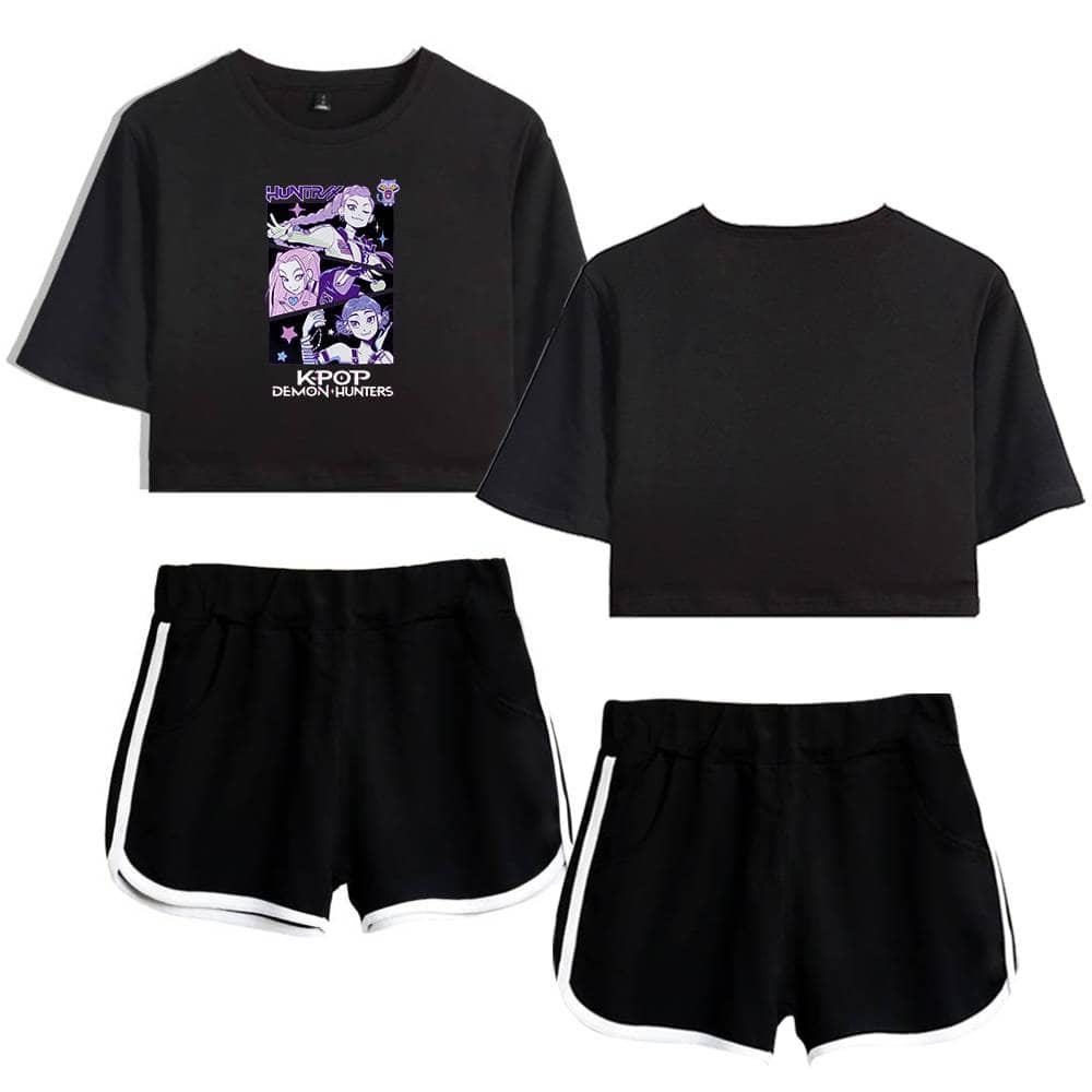 Black cropped graphic t-shirt with anime-style design and "KPOP Demon Hunters" print, paired with black athletic shorts with white trim, affordable trendy statement casual outfit for fans and fashion enthusiasts.