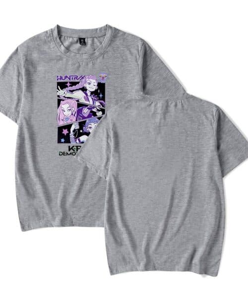 Huntress cartoon graphic t-shirt in grey with colorful anime-inspired design and text, perfect for casual cool style.