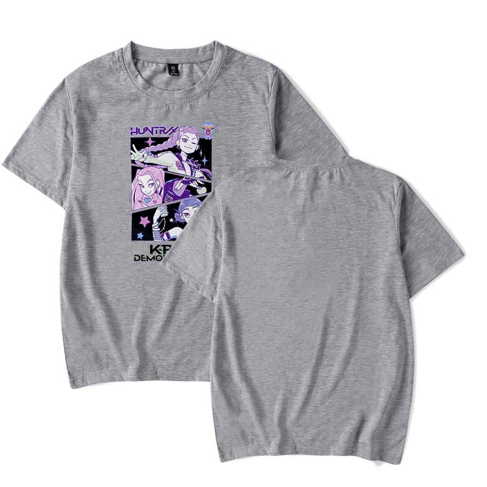 Huntress cartoon graphic t-shirt in grey with colorful anime-inspired design and text, perfect for casual cool style.