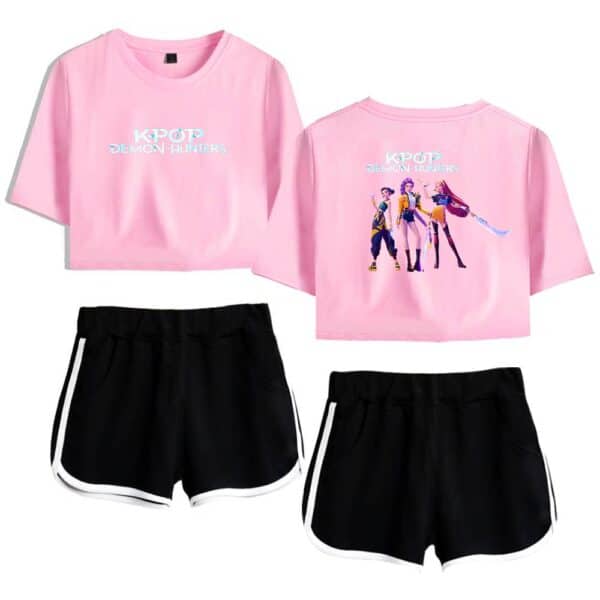 KPOP Demon Hunters pink cropped t-shirt with character graphic and black athletic shorts with white trim.