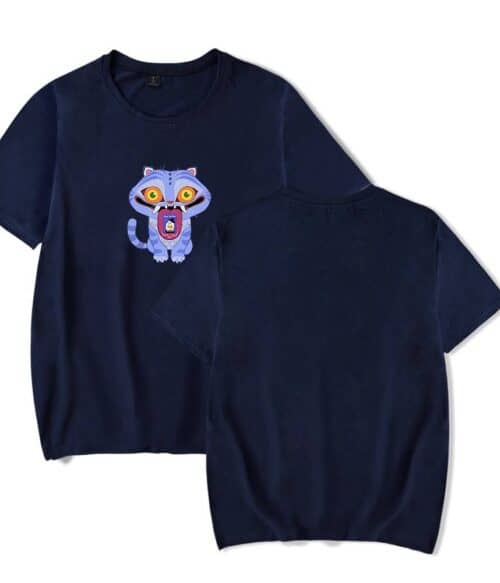 Blue t-shirt with a cute animated tiger graphic, affordable and trendy casual statement clothing for a stylish, relaxed look perfect for everyday wear and expressing cool fashion sense.