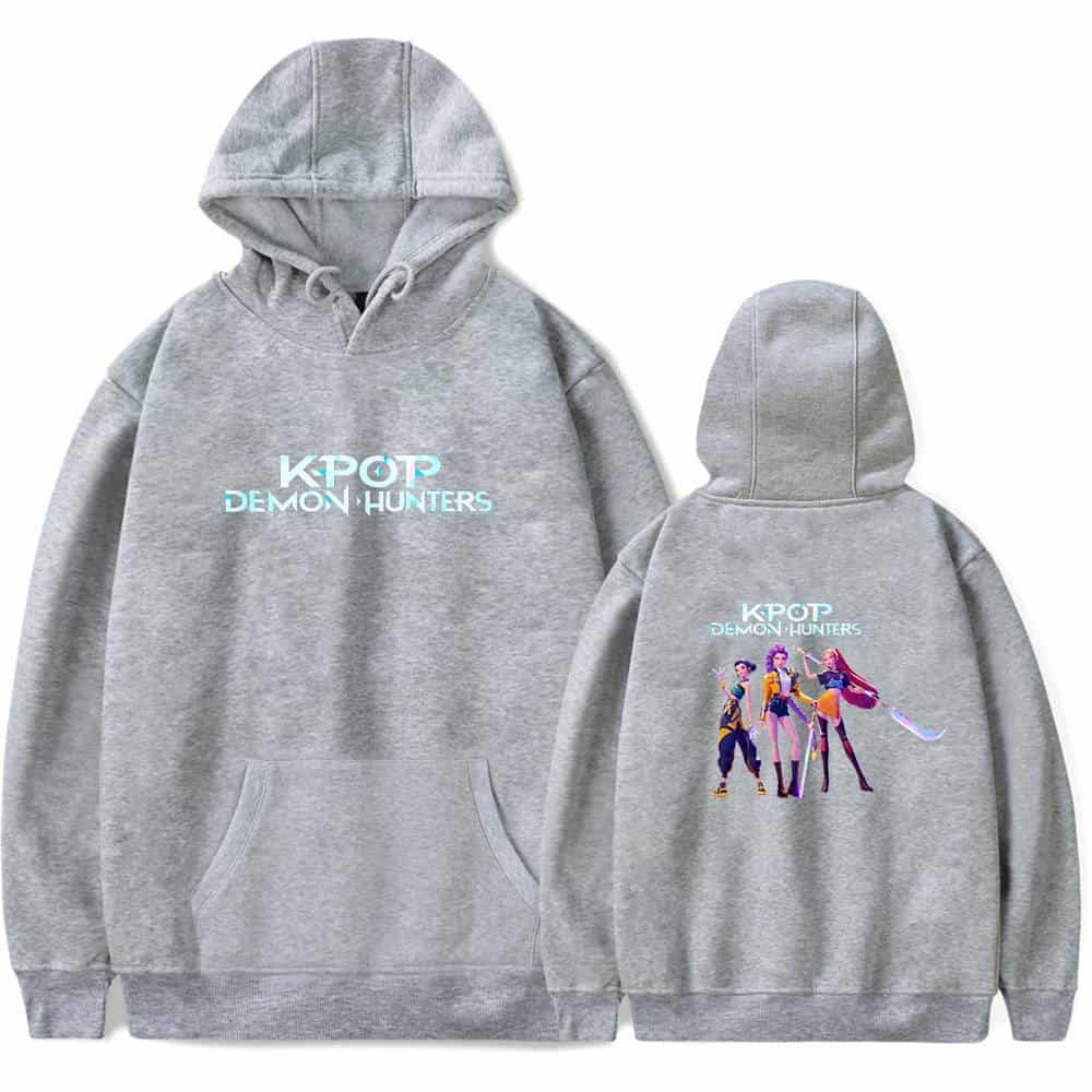 Kpop Demon Hunters hoodie in grey with colorful anime-inspired graphic on back, casual and trendy streetwear for fans of K-pop and animated characters.