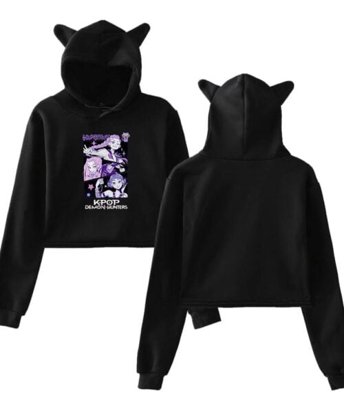 Black hoodie with cat ear hood and anime graphic print on front.