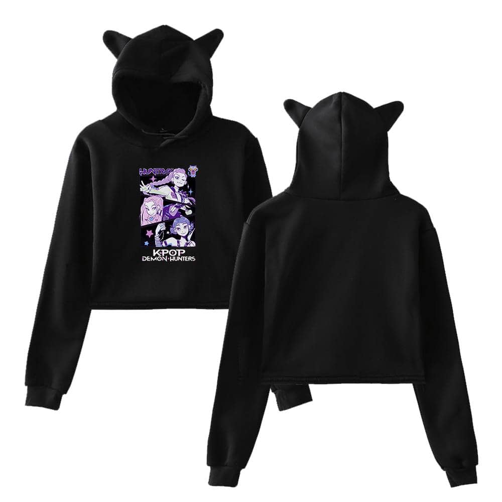 Black hoodie with cat ear hood and anime graphic print on front.