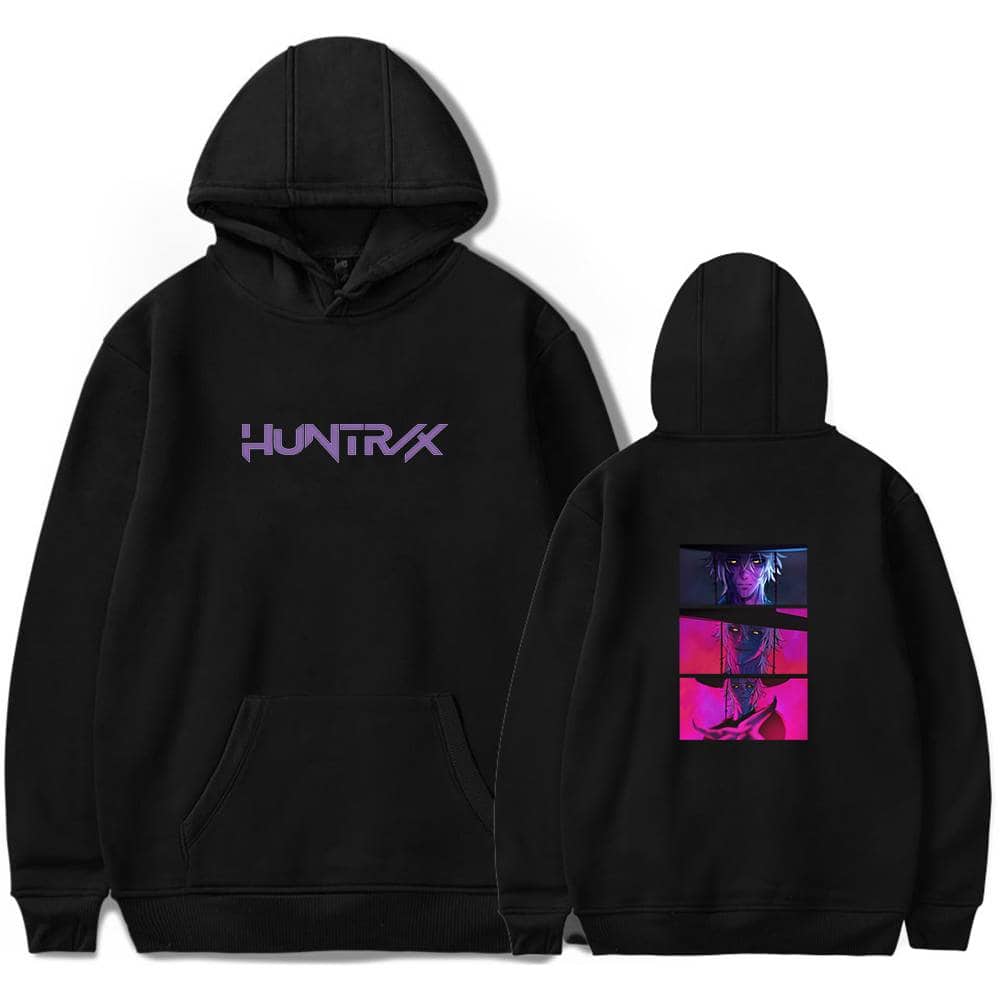 HuntX black hoodie with vibrant anime-style graphic print, stylish and affordable streetwear for cool statement looks. Perfect for fans of edgy and trendy casual fashion.