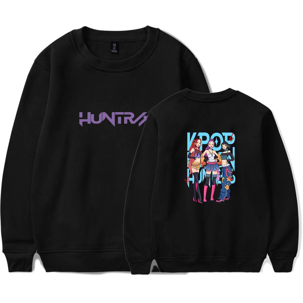 HUNTR clothing sweatshirt with colorful animated girl graphic, trendy streetwear style, affordable and fashionable.
