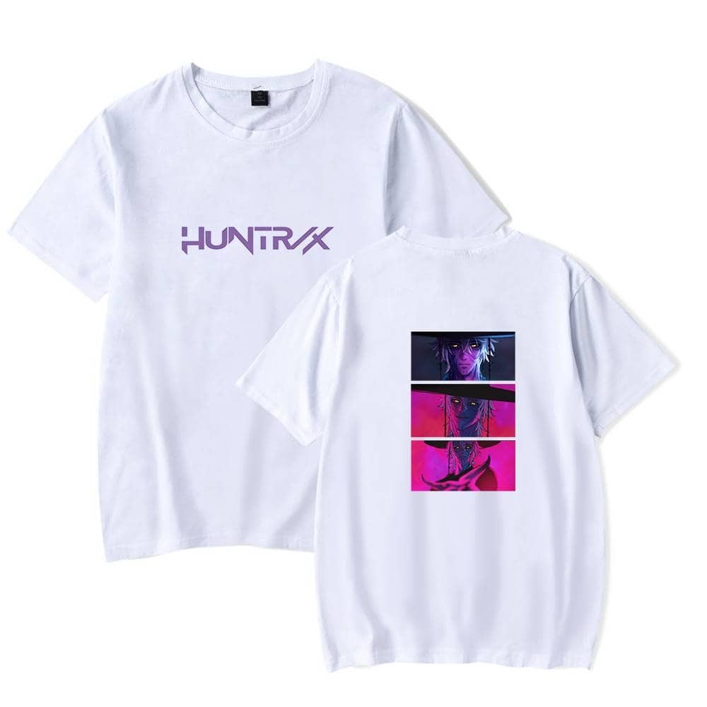 Huntrx graphic tee with anime-inspired design and bold purple text, perfect for stylish and affordable casual wear.