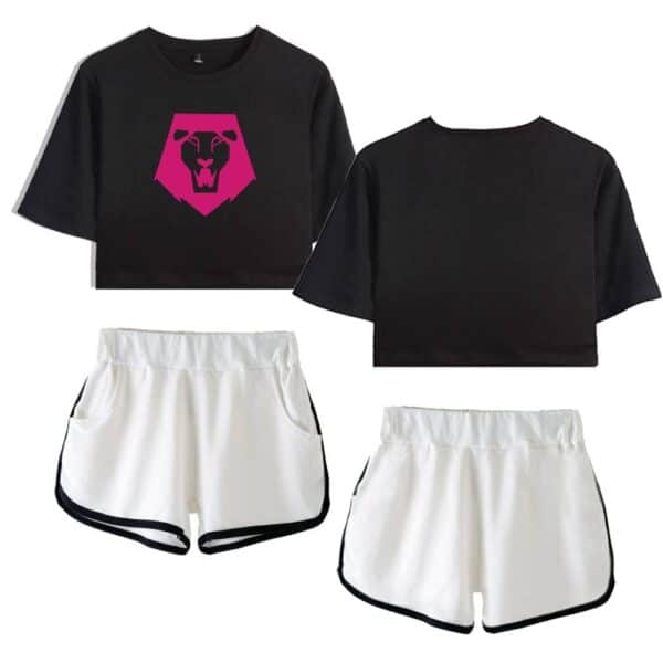 Comfy casual black crop top with bold lion graphic, paired with stylish white athletic shorts, perfect for trendy streetwear looks and budget-friendly fashion statements.