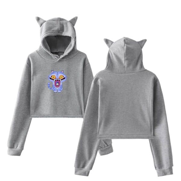 Cute gray hoodie with playful animal graphic and cat-ear hood, perfect for casual stylish wear and cold weather.