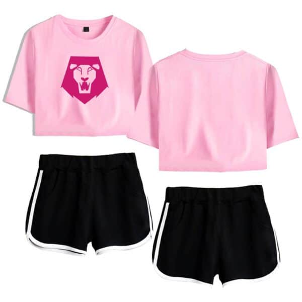 Pink crop top with a stylish lion graphic print, paired with black athletic shorts featuring white trim, perfect for casual, cool, and budget-friendly streetwear fashion.
