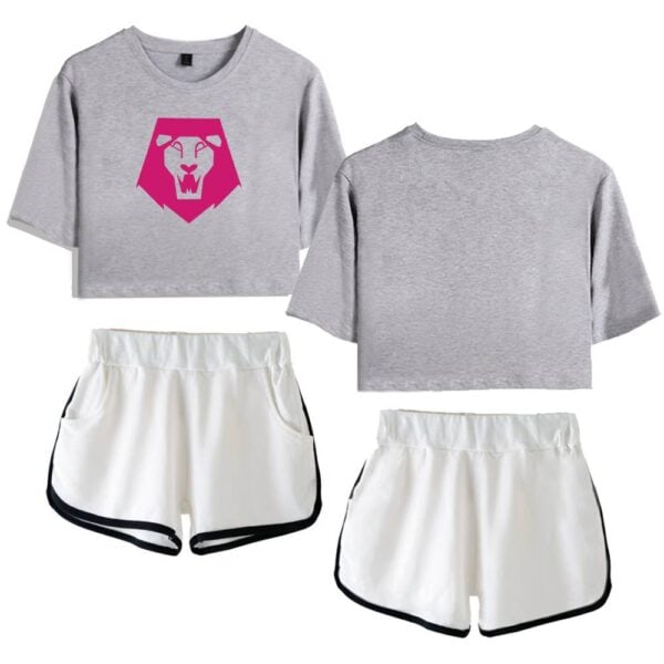Lion logo graphic cropped sweatshirt and white athletic shorts with black trim, casual streetwear style.