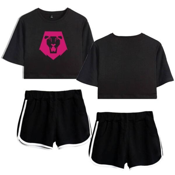 Urban stylish statement clothing set with black crop tops featuring a bold pink lion graphic and matching black shorts with white trim, perfect for a cool, casual look.