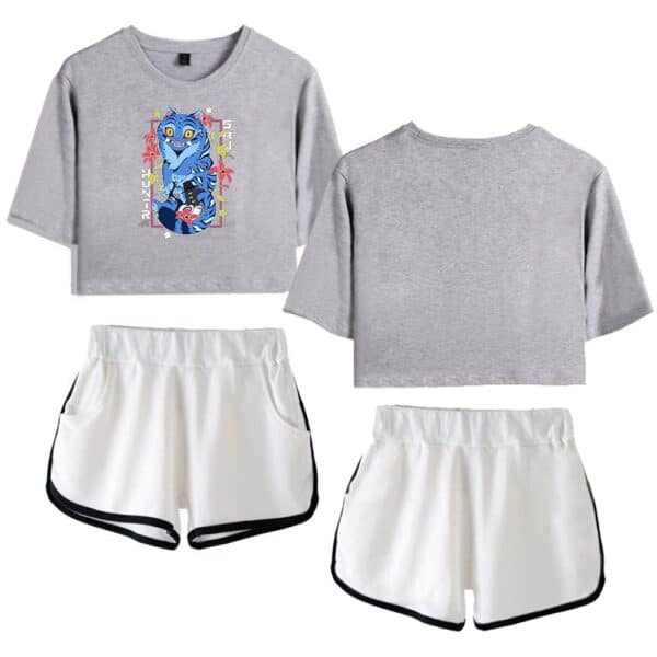 Comfy cool statement clothes set with graphic t-shirt and athletic shorts in trendy casual style.
