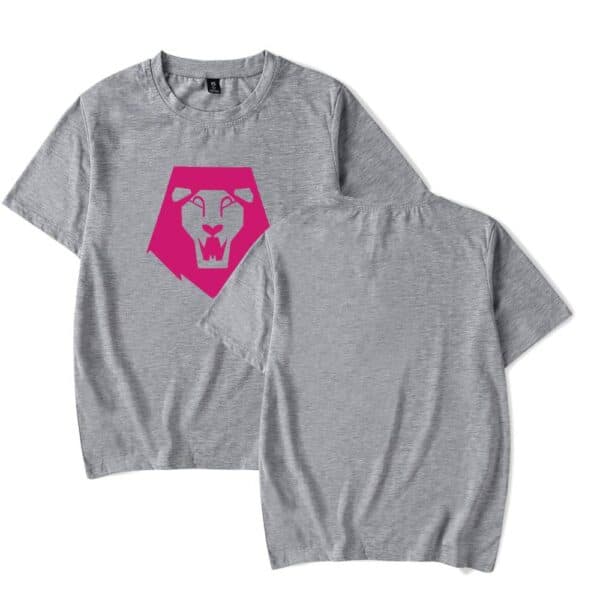 Bright pink lion face graphic on a gray casual t-shirt, trendy and affordable statement clothing, perfect for a cool, fashionable look.